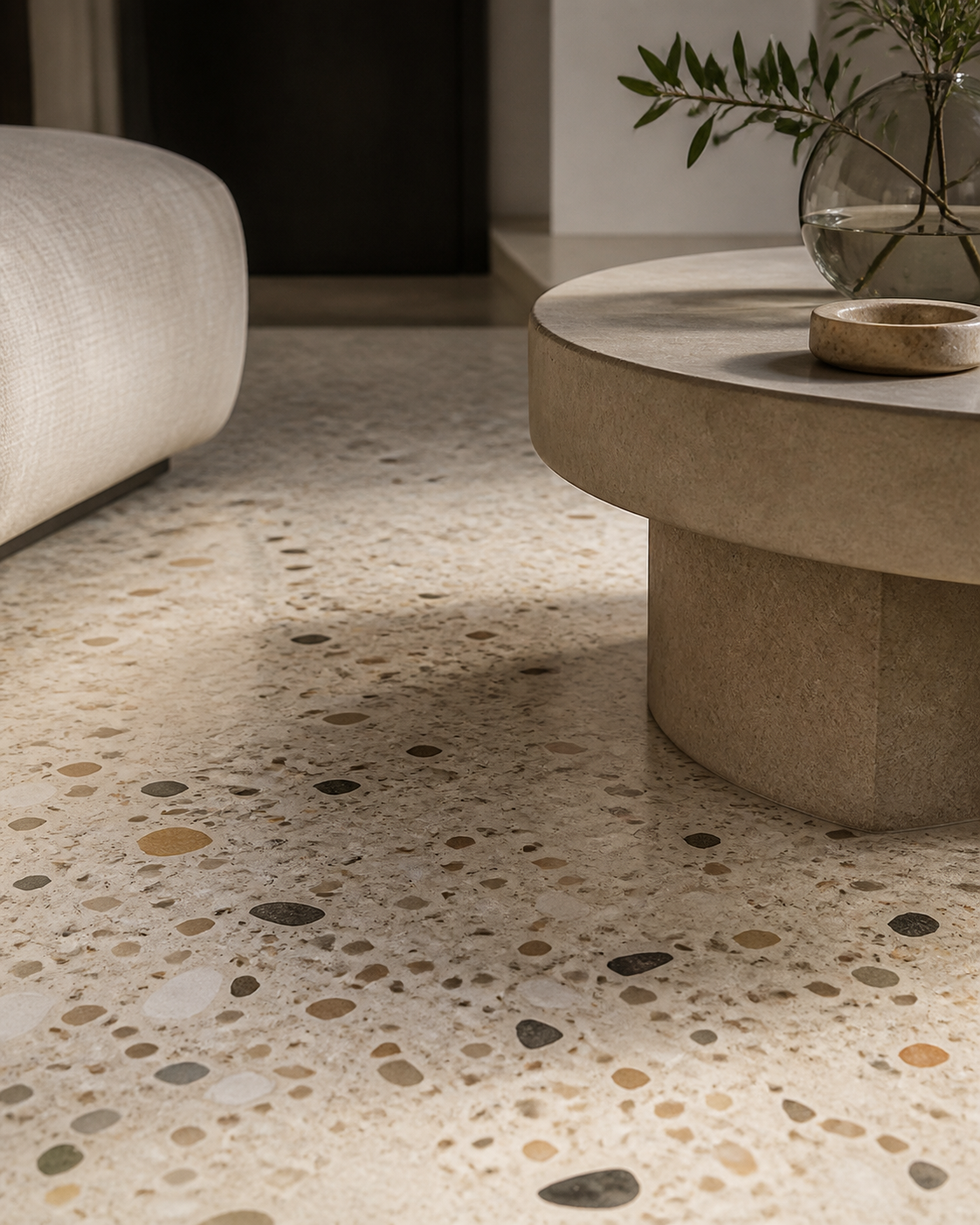Liquid terrazzo: Minerale flakes en kleurmix voor een uitgesproken vloer of accent.