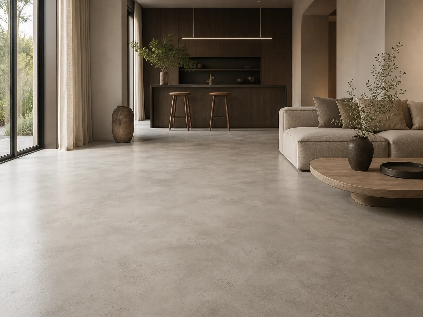Cementgebonden gietvloer / betonlook vloer voorbeeld van afwerking